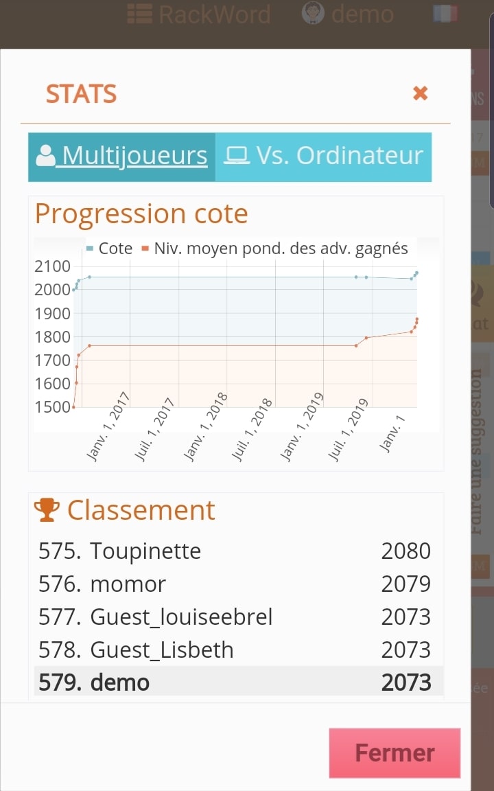 Statistiques joueur, classement et meilleurs joueurs, courbe de progression